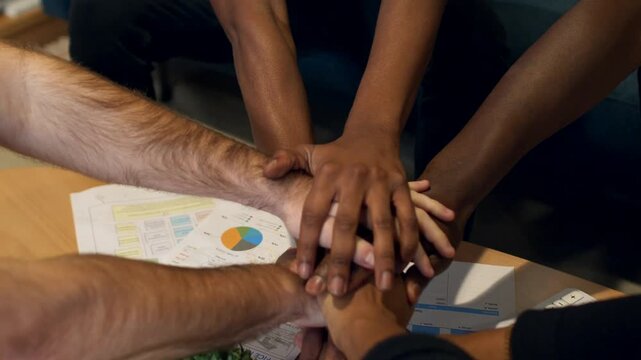 Diverse Business Team Stacking Hands for Success and Unity over Financial Charts and Graphs