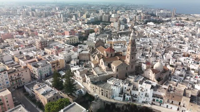 Aerial View of Basilica Cattedrale Maria Santissima della Madia and Historic Old Town of Monopoli on the Adriatic Coast, Apulia, Southern Italy