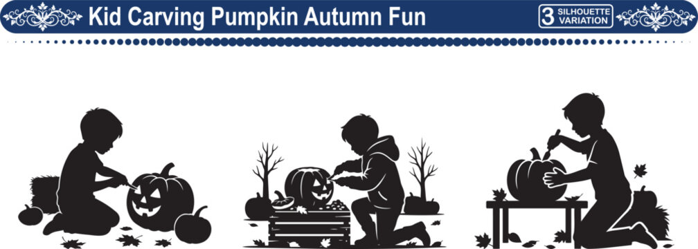 Kid Carving Pumpkin for Halloween, Concept of Autumn Fun, Family Activity and Holiday