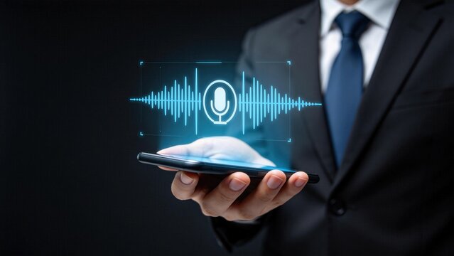 Businessman holding smartphone with glowing voice waveform and microphone icon,AI speech recognition and mobile voice assistant technology concept