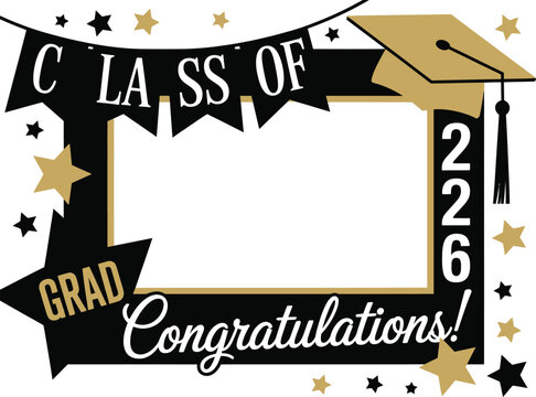 Photo booth props frame, minimalist graduation party decoration with hats banners and fun photo elements for school ceremony and celebratory photos.