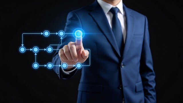 Businessman touching virtual workflow diagram interface,process automation,data management optimization and strategic planning in digital enterprise environment