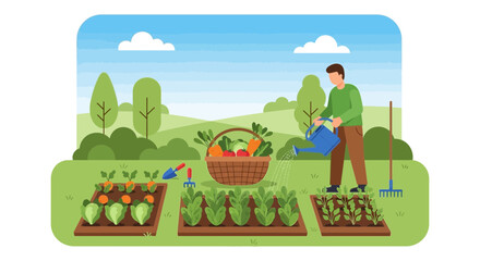 Fototapeta premium Man watering plants in a garden with fresh produce.