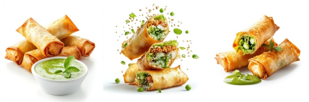 Spring rolls splashing, green chutney sauce, isolate on white background. Set