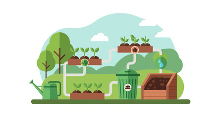Fototapeta premium Sustainable urban farming system with composting and irrigation.