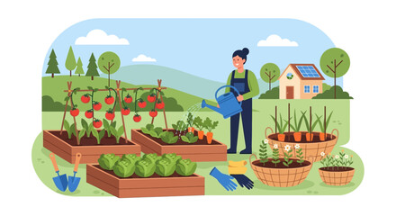 Fototapeta premium Woman watering plants in a vibrant garden setting.