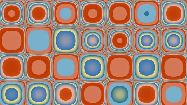 Animated Geometric pattern or background loop. Trendy retro 1970s geometric background with colorful transition circles in vintage colors - blue