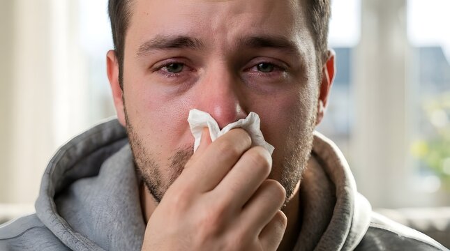 Close-up portrait of a sick young man suffering from a cold or Allergic rhinitis disease  blowing his nose with a tissue
