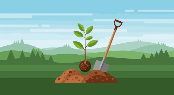 Young sapling plant with shovel in soil.