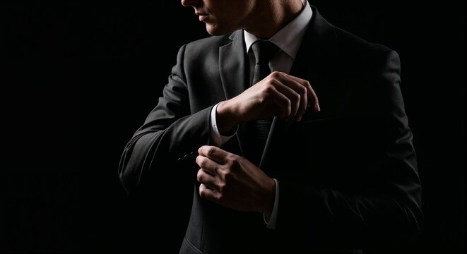 A stylish businessman in a dark in suit and tie elegantly adjusts his cufflink with dramatic low-key lighting against a black studio background.