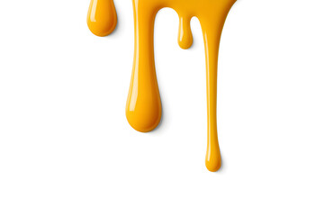 Glossy yellow liquid dripping isolated on white background, realistic paint or honey drip element for creative design and decoration.