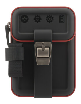 Black and red portable power bank case with strap and isolated on a transparent background