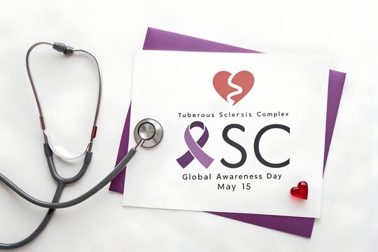 Awareness materials featuring a stethoscope and informational card commemorating Tuberous Sclerosis Complex Global Awareness Day held annually on the fifteenth of May for support.