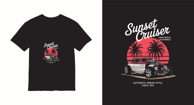 Sunset cruiser vintage hot rod car and palm trees retro design