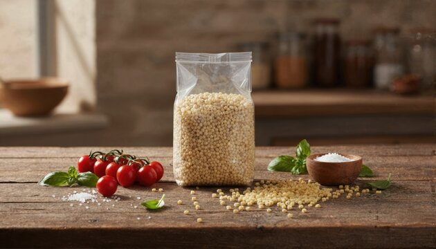 Toasted fregola sarda in packaging on rustic table