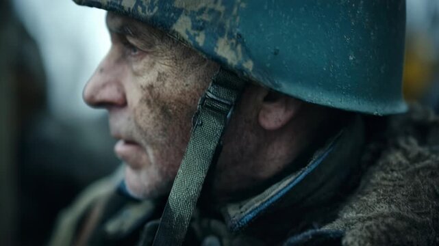 Veteran soldier with a dirty face and sad eyes feeling the psychological trauma and stress of conflict