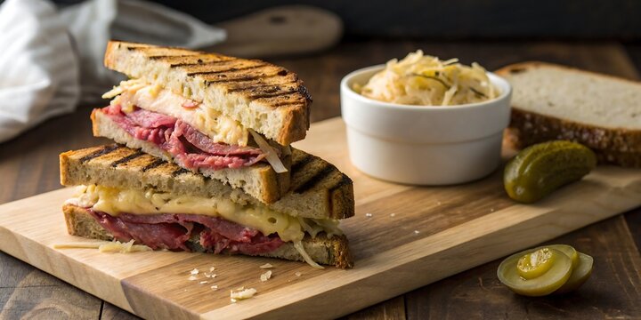 A delicious Reuben sandwich on a wooden cutting board with pickles and sauerkraut