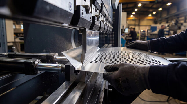 Skilled worker operates a hydraulic press brake, precisely bending a perforated metal sheet in an industrial factory