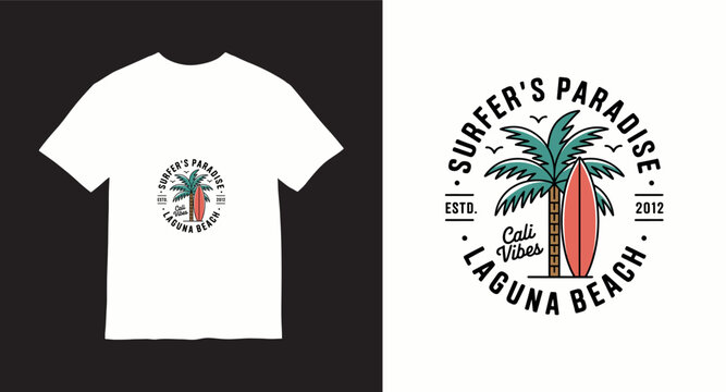 Surfers paradise laguna beach t-shirt design with palm tree and surfboard