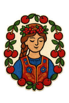 Ukrainian folk art illustration of a serene young woman in a traditional vinok floral wreath and embroidered vyshyvanka, symbolizing cultural heritage and peace.