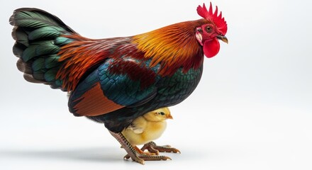 Fototapeta premium Vibrant Multi-Colored Rooster with Small Yellow Chick on White Background