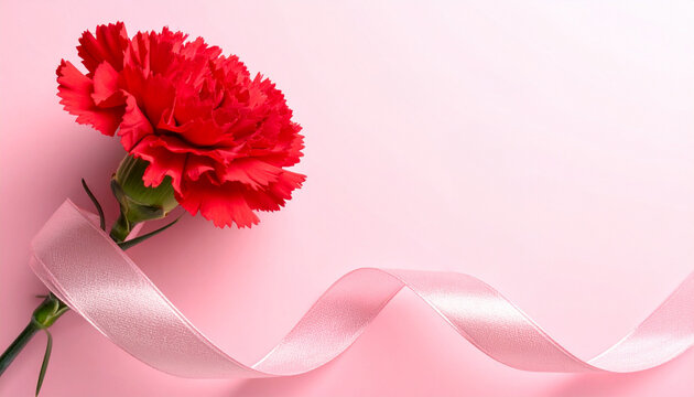 ピンク背景にカーネーションの花とリボンのフレーム  母の日、ウェデイング、バレンタインの素材