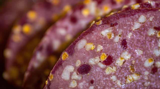 yanked. Close-up of a mortadella slice showing its marbled pattern of meat and fat. menu design, packaging mockups, designed for food delivery and cloud-kitchen brand materials, used by hr managers.