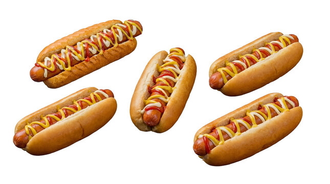 Mouth-watering hot dogs with mustard and ketchup in fresh buns isolated on a transparent background.