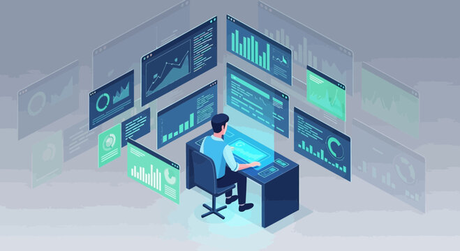 Man Working on Futuristic Computer System with Multiple Screens.