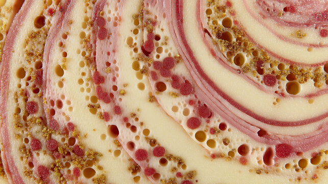 yanked. Close-up of a mortadella slice showing its marbled pattern of meat and fat. menu design, packaging mockups, designed for food delivery and cloud-kitchen brand materials, used by hr managers.