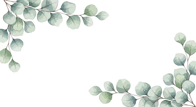 Watercolor eucalyptus branches vector frame with delicate green leaves, botanical corner border design for wedding invitations and natural product packaging