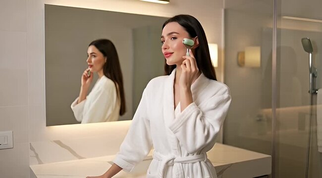 Elegant woman in white robe using jade face roller in luxurious bathroom