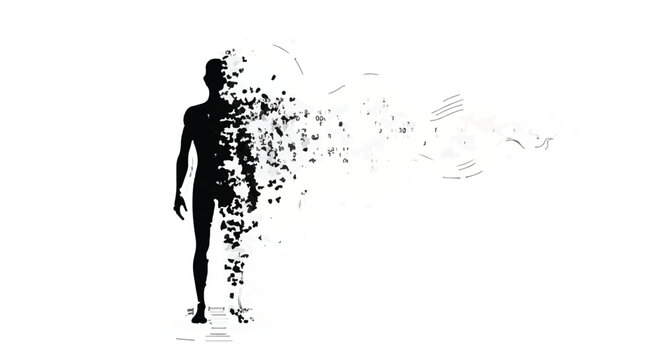 Silhouette of a person dissolving into abstract particles against a white background, symbolizing change or transformation.