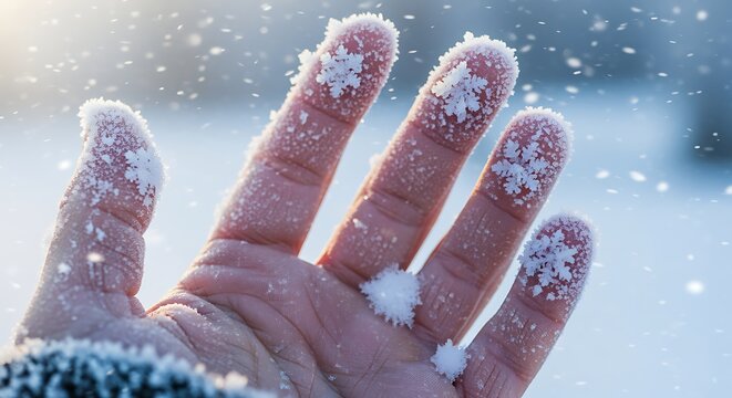 Hand with snow on fingers and nails in winter snowfall