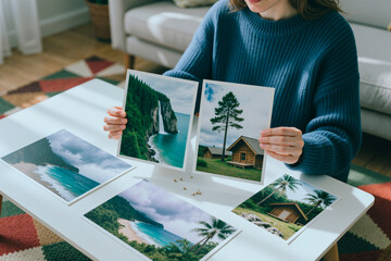 Young adult woman comparing printed travel photos at home, selecting landscape images for vacation planning or memory curation. Useful for tourism marketing, photo services, scrapbooking