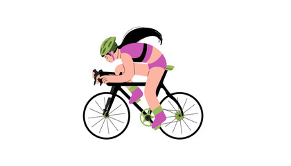 Fototapeta premium A woman in purple cycling gear riding a black bicycle quickly