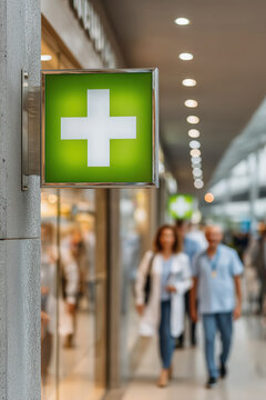 Close-up view of a green cross sign for a pharmacy or health center with a blurred background