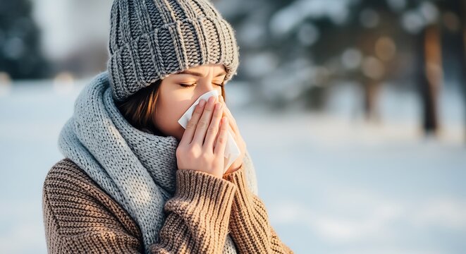woman blowing nose in winter outdoors sniffling cold flu symptoms