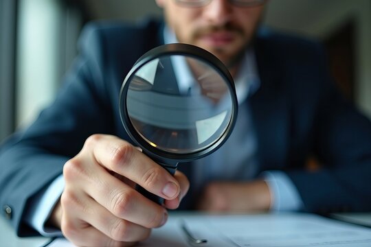 Close-up of a determined auditor investigating corporate fraud with a magnifying glass, emphasizing attention to detail.