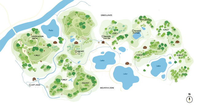 Detailed vector map of a green park with lakes, trees, rivers, and small buildings, ideal for nature-themed projects and outdoor recreation planning