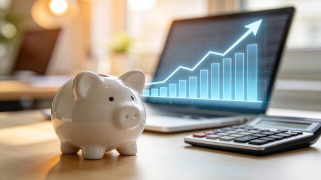 Piggy bank with financial growth chart on laptop screen,personal savings and investment planning concept with calculator on desk in home office setting