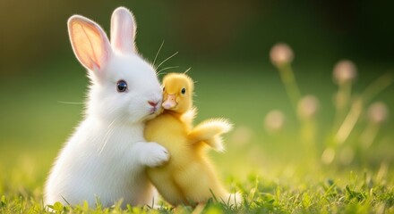 Fototapeta premium A white rabbit and a yellow duck are playfully interacting on a grassy field with a backdrop of trees and a clear blue sky.