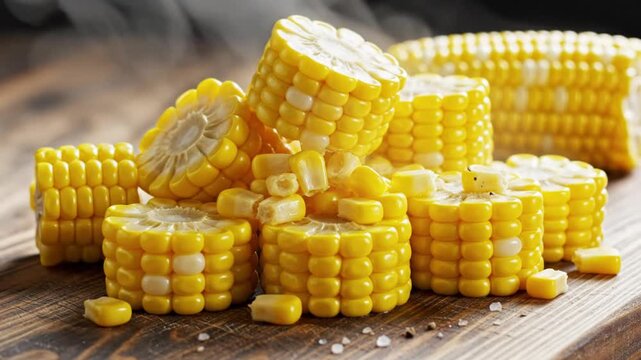 Delicious sliced cooked corn on the cob pieces arranged on a wooden table, healthy summer food