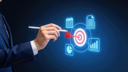 Fototapeta premium Businessman hand pointing at digital target with red arrow,goal achievement strategy planning and performance analytics dashboard interface concept