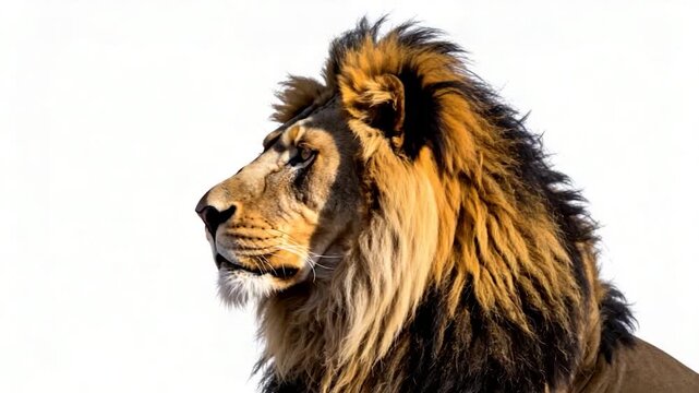 Majestic lion headshot, regal and proud against a white background
