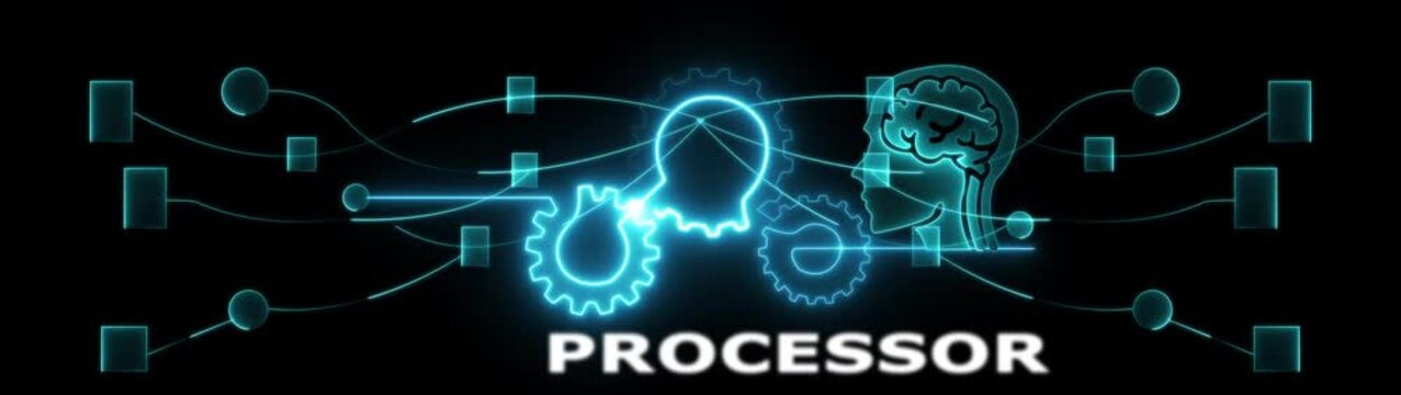 Futuristic processor chip glowing blue circuit board digital technology human brain synergy innovation tech evolution icon animation.