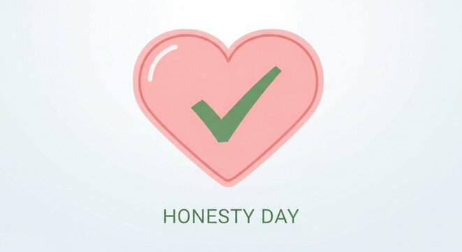 Pink heart icon with green checkmark on honesty day symbolizing love and truthfulness in a simple flat design
