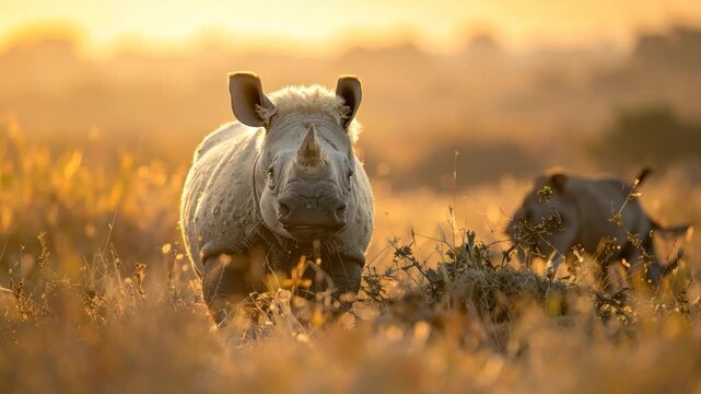 Rhino faces forward in golden light in tall grass with warthog behind