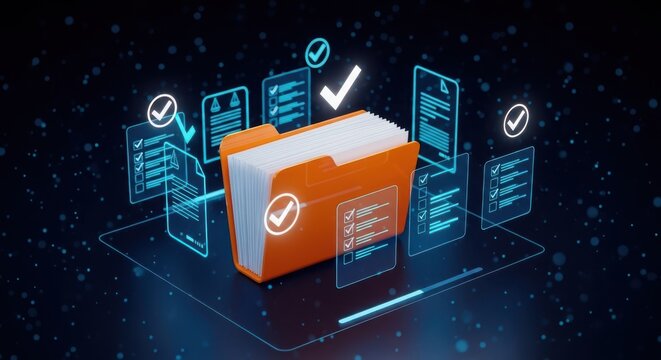 Orange File Folder with Digital Documents and Checkmarks, Data Management Concept