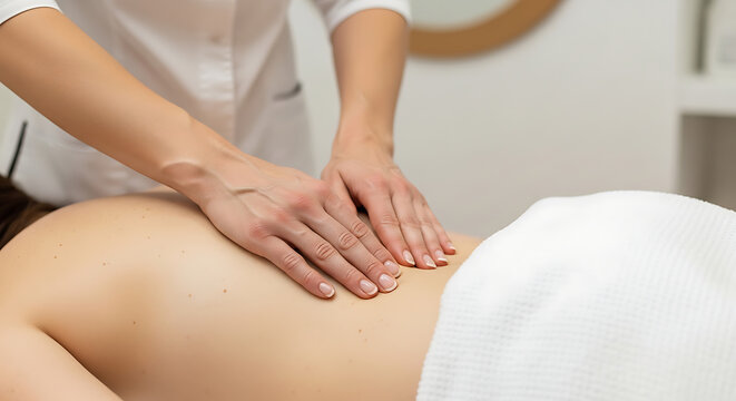 massage therapist applying pressure to client's bare back